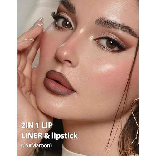 2-in-1 Lip Liner and Lipstick Lip Combo Set, Matte Nude Dark Brown Red Lip Liners, High Pigmented Long Lasting Waterproof Smudge Proof Crayon Makeup 05#