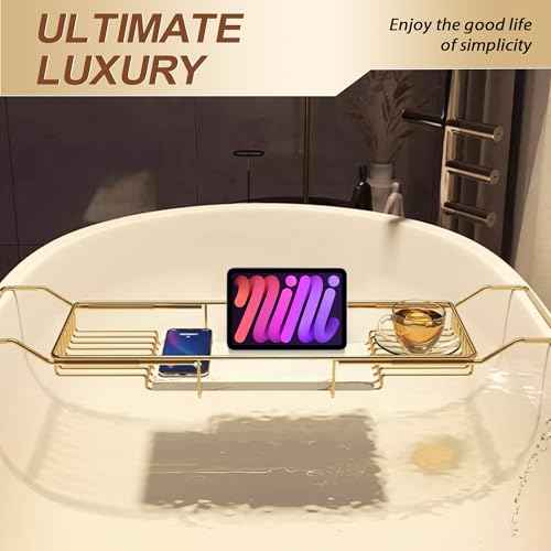 BVL Bathtub Tray Stainless Steel with Marble Base Gold Bathtub Tray with White Marble Base Adjustable & Rustproof Bath Caddy for Spa, Relaxation, Bath Bombs