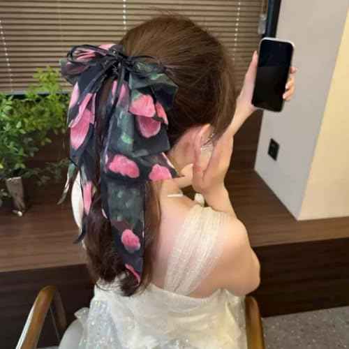 2pcs Bow Hair Claw Clips with Long Tail Tassel Hair Clips for French Hair Styles for Women Girls Ponytail Hair Decorations Accessories (Floral Pattern)