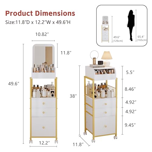 Makeup Cart Organizer with Mirror, Large Floor Skincare Organizers Make Up Organizers-Vanity Storage Organizer Cosmetic Display Cases Holder for Skin Care Perfume Nail Polish Brush Hair Tool (Gold)