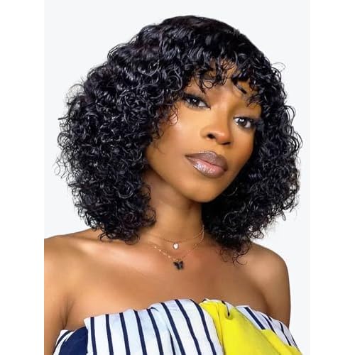 15A Raw Human Hair Wig with Bangs 4x2 Lace Short Water Wave Curly Glueless Wigs Layered Bob Wig Human Hair 180% Density Ready to Wear Wigs Glueless Human Hair for Women (14 Inch 1B Black)