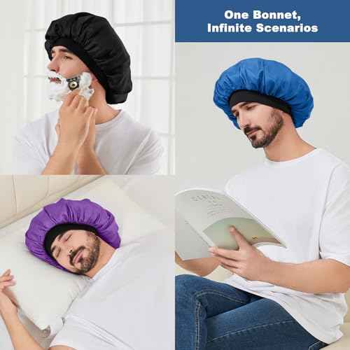 3Pcs Satin Bonnets for Men, Hair Bonnet for Sleeping Women Soft Elastic Band Silk Sleep Bonnet for Curly Hair Braids
