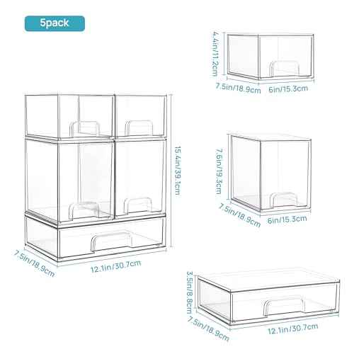 Vtopmart Stackable Storage Drawers Set of 5, Clear Plastic Organizer Bins for Beauty Supplies,Ideal for Vanity, Bathroom,Cabinet,Pantry Organization