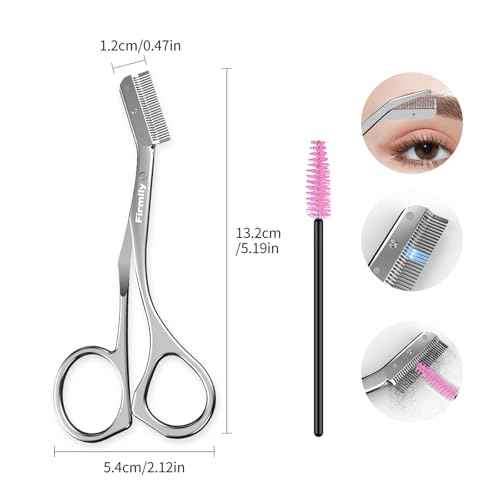 Eyebrow Trimmer for Women - Stainless Steel Eyebrow Brow Scissors with Comb, Travel-Size Precision Shaping Tool for Beginners & Experts (Silver)