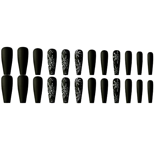 24 Pcs Snowflake Press on Nails Long Black White Christmas Fake Nails Glossy White Snow Glue on Nails Full Cover Coffin Shaped Long Christmas False Nails for Women Manicure Decorations