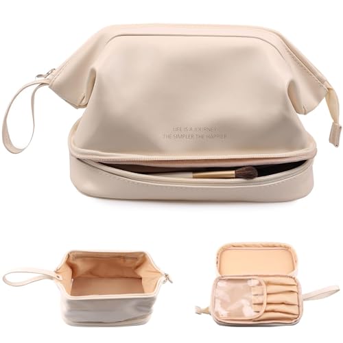 GRINKO Travel Makeup Bag, Large Capacity Toiletry Bag, Portable Pouch Cosmetic Bags for Women, PU Leather Waterproof Make up Organizer Apricot