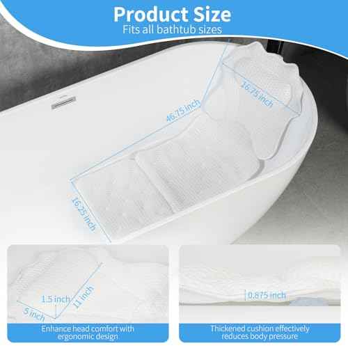 Full Body Bath Pillow for Bathtub, Spa Tub Cushion with 10 Suction Cups - 4D Air Mesh Quick-Dry Bathtub Pillow for Head, Neck & Back Support - Includes Laundry Bag