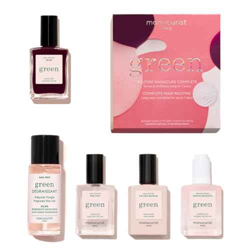 Manucurist Green¢â System Set with Plum - Professional Vegan Plant-Based Manicure Kit: 1 Degreaser, 1 Base Coat, 1 Nail Polish Dark Wine, 1 Top Coat, Dried Drops - Gifts for Women