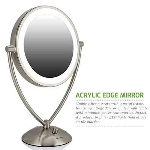 Ovente Lighted Tabletop Makeup Mirror 9.5 Inch LED Dimmable 1X 5X Magnifier 360 Adjustable Double Sided Battery USB Operated Bedroom Lamp Vanity Cosmetic Professional Large Nickel Brushed MLT45BR1X5X