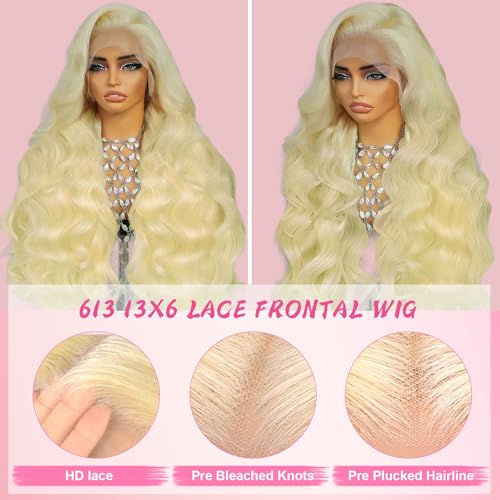 613 13x6 Lace Front Wig Human Hair 200 Density Blonde Wig Human Hair Body Wave 13X6 HD Transparent Lace Front 613 Lace Frontal Glueless Wigs Pre Plucked for Women 22 Inch