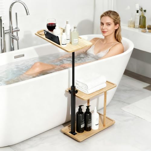 3 Layer Bathtub Tray Table,Bamboo Swivel Bathtub Side Table Height Adjustable,Freestanding Bathtub Tray for Tub Against Wall,Bathtub Accessories&Bathroom Organizer for Luxury Home Spa (Natural1)