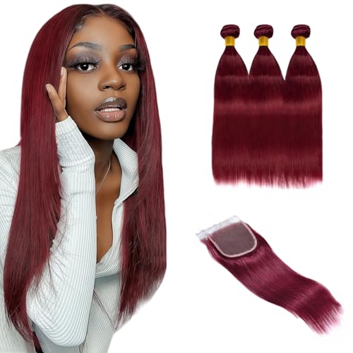 99j Burgundy human hair Straight Hair 10 12 14 with 10closure 8A Brazilian Virgin Hair 99j Burgundy Straight Hair Weaves Bundle Free Part Red Wine Color 100% Unprocessed Human Hair Weft Weaves