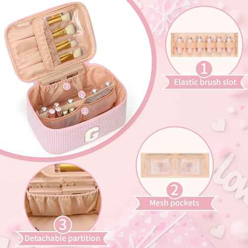 OCHEAL Makeup Bag for Women, Monogram Cosmetic Bag with Brush Holder, Pink Travel Makeup Case Beauty Toiletry Bag Organizer Personalized Gifts for Girls Bridesmaid, Sister, Wife, Friends Initial G