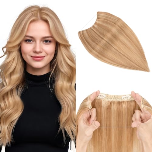 Halo Hair Extensions Real Human Hair, MY-LADY Adjustable Halo Extensions Real Human Hair, 18 inch Golden Brown mix Bleach Blonde Women's Long Straight Hair Invisible Wire Hair Extensions
