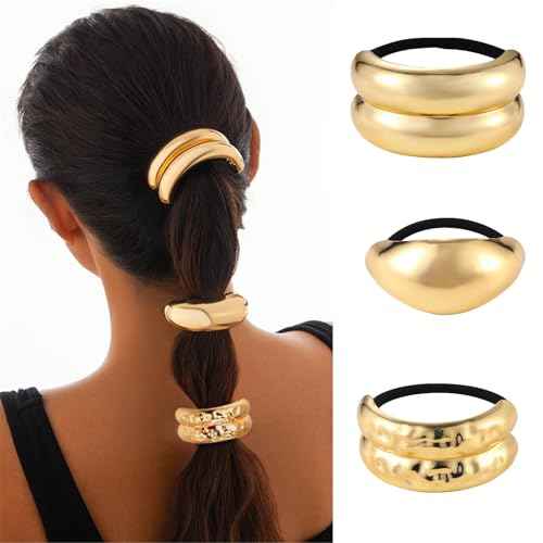 papasgix 3-Pack Metal Hair Ties - Gold & Silver Ponytail Hair Cuffs for Women (Gold Set 02)