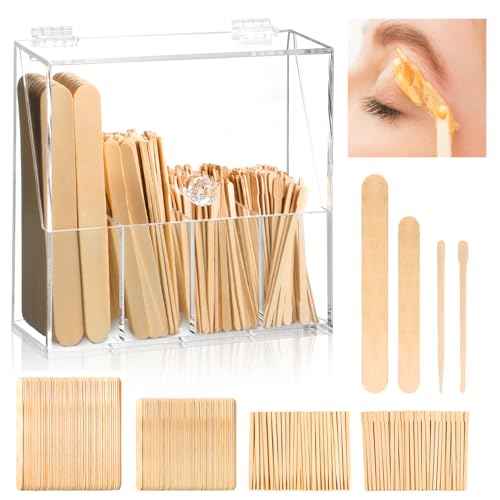 300 Pcs Wood Wax Applicator Kit 4 Style Wax Applicator Sticks with 4 Compartments Waxing Sticks Organizer Small Medium Large Waxing Applicators Waxing Sticks Assorted for Body Legs Face Nose Eyebrows