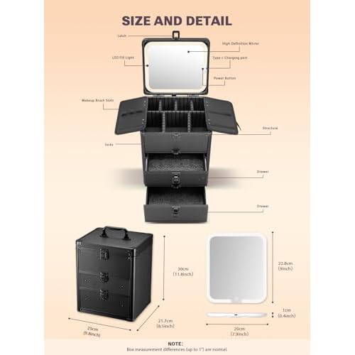 Qislee Makeup Box with Double Drawers and A Detachable Lighted Mirror, Waterproof Travel Train Case, Cosmetic Organizer and Makeup Suitcase with Adjustable Dividers, Magnetic LED Mirror (Black)