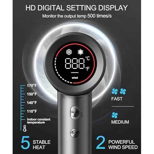 Hair Dryer - Negative Ionic Blow Dryer with 150000 RPM High Speed Brushless Motor for Fast Drying, Low Noise, HD Display Hair Dryer with Diffuser and Nozzle, 5 Temps & 2 Speeds