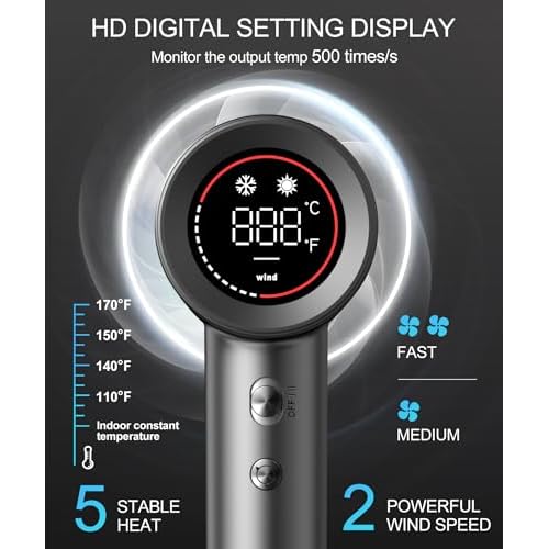 Hair Dryer - Negative Ionic Blow Dryer with 150000 RPM High Speed Brushless Motor for Fast Drying, Low Noise, HD Display Hair Dryer with Diffuser and Nozzle, 5 Temps & 2 Speeds