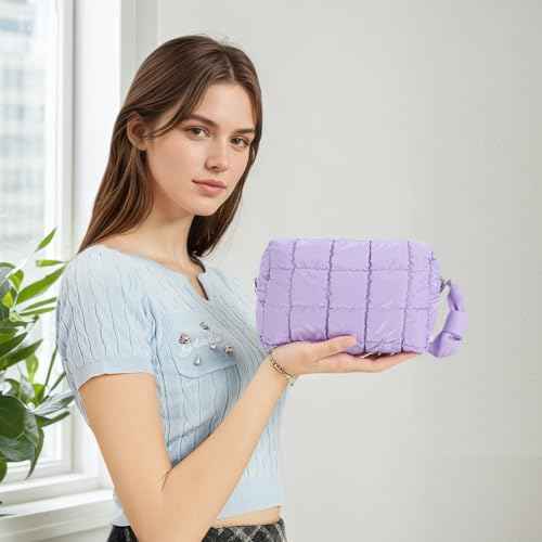 Oweisong Quilted Makeup Bag Travel Toiletry Bag for Women Small Cosmetic Purse Cute Puffer Make Up Organizer Puffy Pouch