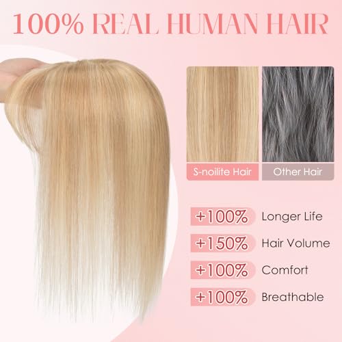 S-noilite Hair Toppers for Women with Bangs Real Human Hair 360¡Æ 3D Cover Clip in Bangs 2X6 Coverage Clip in Hairpiece for Women with Thinning Hairline 10Inch(Gloden Brown/Bleach Blonde)