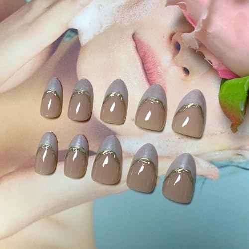 Almond Press on Nails Short Fake Nails White French Glue on Nail Glod & Brown Full Cover Acrylic Nails Smudge Reusable False Simple Stick on Nail for Women 24 Pcs
