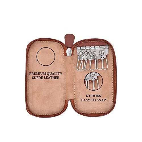 Full Grain Genuine Leather Keychain Holder Pouch with 6 Key Holders Hook