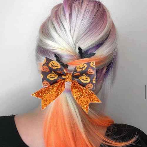 Glitter Halloween Pumpkin Hair Bow Clips for Women Girls, Sparkly Orange Fall Cheer Alligator Hairpins Big for Kids Thanksgiving Party Costume Decor Accessory Gift (A)
