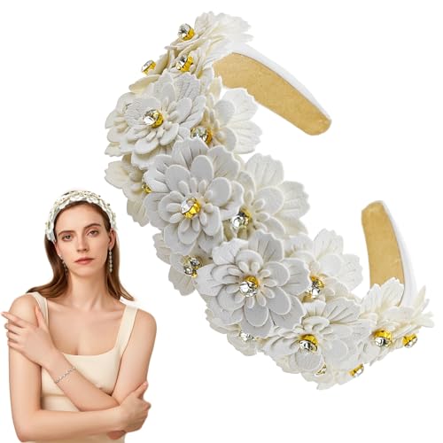 Flower Headband for Women, Glass Rhinestone Vintage Padded Headband, Bejeweled Wide Head Band, Fashion Bejewelled HairHoop Accessory, White