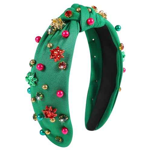 Christmas Jeweled Headbands for Women Girls Christmas Outfits Accessories Xmas Bow Rhinestone Pearl Knotted Headband Red Green Wide Top Knot Hairband Fancy Holiday Gifts