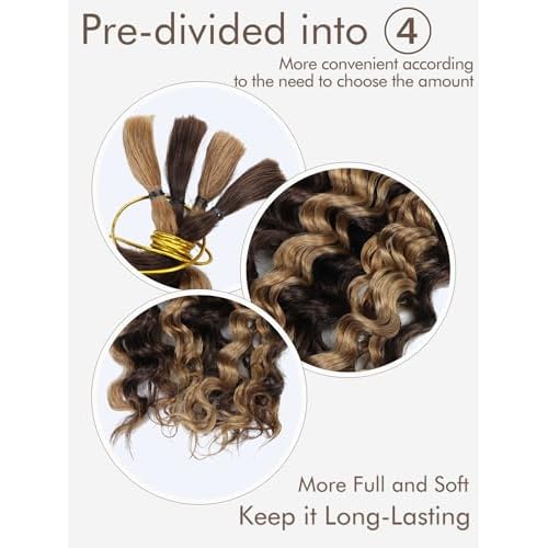 P4/27 Ombre Brown Blonde Human Braiding Hair for Boho Braids 2 Bundles 24 Inch 100g Deep Wave Braiding Hair for Bohemian Knotless Braids 100% Unprocessed Virgin Bulk Hair Extensions No Weft