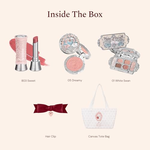 Flower Knows Swan Ballet 5-Piece Makeup Set,Shine Lipstick(B03) + Powder Blush(05) + Eyeshadow(01) + Canvas Tote Bag + Hair Clip,Gift for Girls & Women