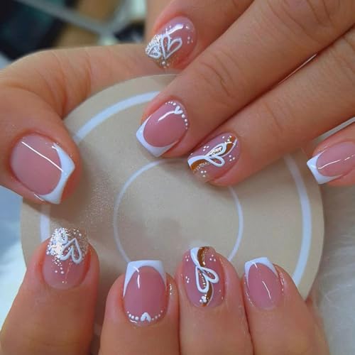 White French Tip Press on Nails Short Square Fake Nails Valentine False Nails with Cute Heart Designs Glue on Nails Nude Pink Full Cover Shiny Glitter Acrylic Stick on Nails for Women Manicure 24Pcs