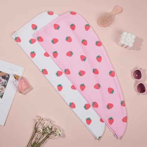 Unicorn Castle Microfiber Hair Towel for Kids 2Pack Hair Wrap Towels Absorbent Hair Drying Towel Wrap Hair Turbans for Curly Thick Hair, Pink White Strawberry