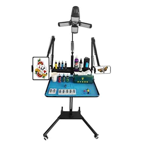 GBK Tattoo Workstation Multi-Functional Tattoo Rolling Tray with LED Light, Pigment Rack, Tablet Stand and Pneumatic Lifting Type with Universal Wheels Tattoo Equipment