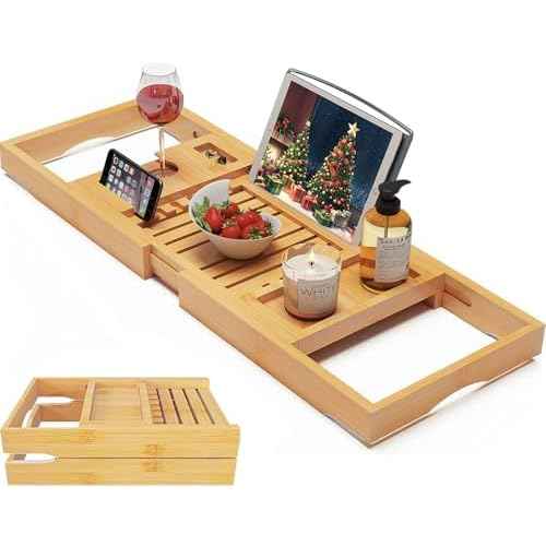 Foldable Bamboo Bathtub Caddy Tray Expandable for Luxury Bath, Bath Accessories & Table with Wine Glass Holder, Book Stand Bathroom Organizer with Extending Sides for Men/Women
