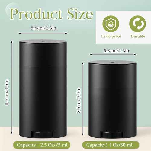 30 Pack 75ml/2.5oz Empty Deodorant Containers, Bottom Filling, Black Plastic Oval Refillable Deodorant Containers Twist up Oval Lip Balm Tube for DIY Deodorants Lipstick Crayon Lotion