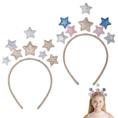 2PCS Glitter Star Headband, Hairband with Gold and Silver Star Hair Hoops, Colorful Party Star Headband Hair Bands, Hair Accessories for Party Festival Holiday Birthday Kids Adults (One Size)