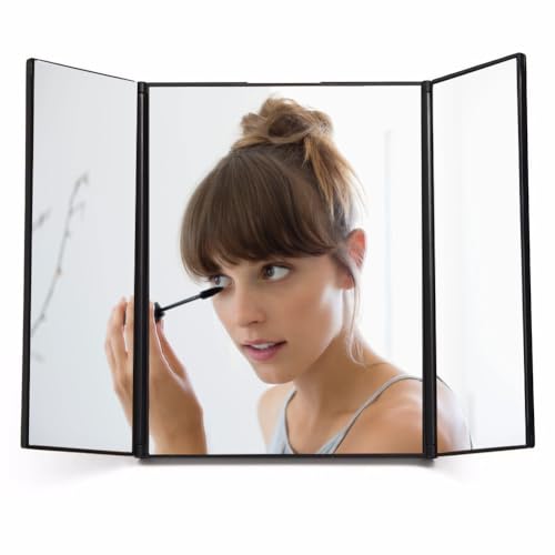 Joyzan Foldable Makeup Mirror, Car Trifold View Mirror Folding Visor Vanity Tri Fold Portable High Definition Cosmetic Travel Sun Universal Hook Loop Home Auto Truck SUV Clip On Rear Women Girl