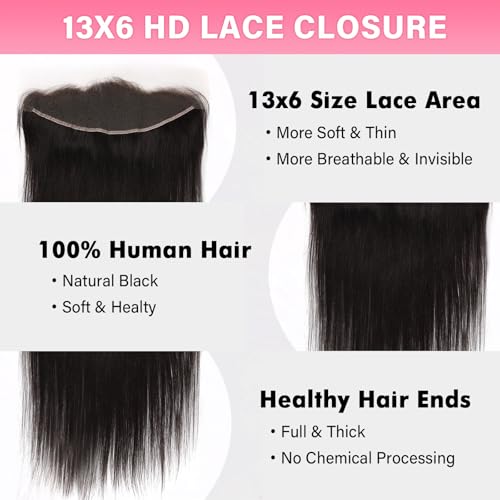WOWANGEL 13x4 0.095mm Ultra-Thin Skinlike Real HD Lace Frontal & Closure,Straight Natural Hairstyles,Pre-Plucked Invisible Hairline,Unprocessed Virgin Human Hair,Invisible Knots HD Lace,12inch