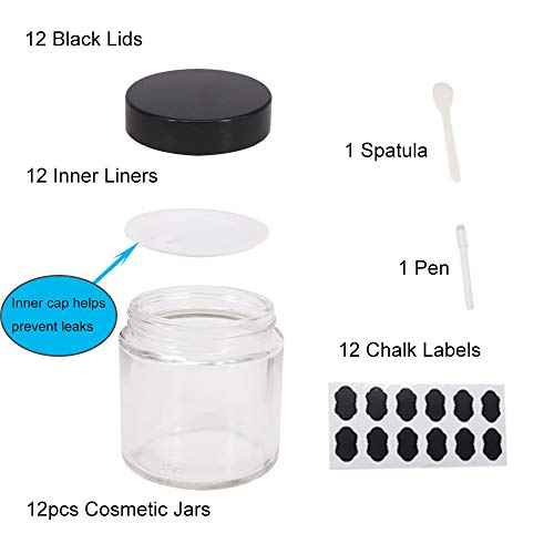12 Pack 4 oz Clear Glass Travel Cosmetic Jars, Refillable Cosmetic Containers with Inner Liners, Lids, Spatula, Chalk Labels, Beauty Jars for Sugar Scrubs, Cream, Bath Salts, Slime