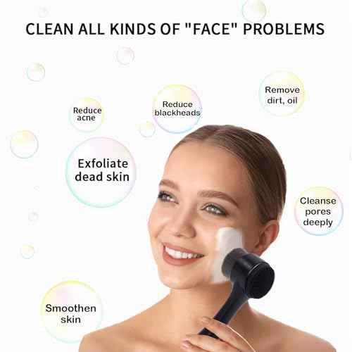 Face Brush 2 in 1, Facial Cleansing Exfoliating Scrubber Brush, Silicone Double Side Manual Face Wash Scrub Brush with Soft Bamboo Charcoal Fiber for Deep Pore Cleansing, Massaging, Skin Care