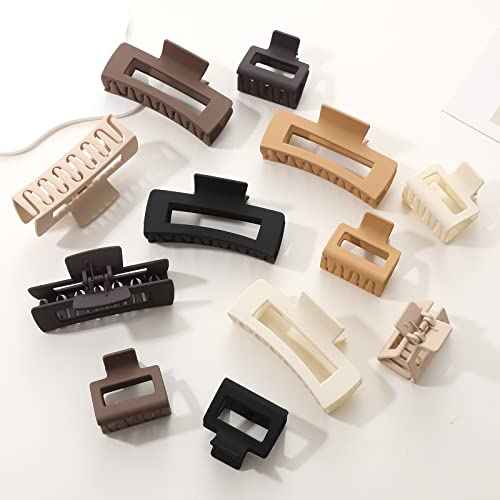 12 Pack Square Claw Clips, Big and Small Neutral Rectangle Hair Claw Clips, Non-slip Matte Large Hair Clips for Women,Strong Hold jaw clip for Thick Thin Hair (Neutral)