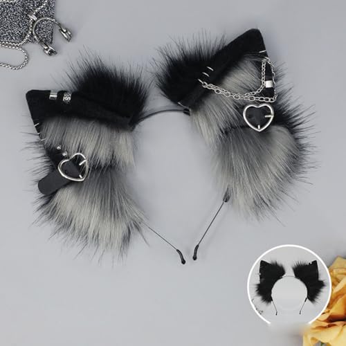 Furry Cat Ears Headband Punk Gothic Heart Clips Animal Ears Hair Hoop for Halloween Cosplay Costume Party