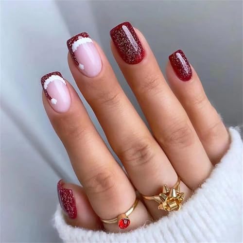 Press on Nails Short Square Christmas Fake Nails Tips Glossy Nails Red False Nails with Glue on Nails Stick on nails for Women and Girls