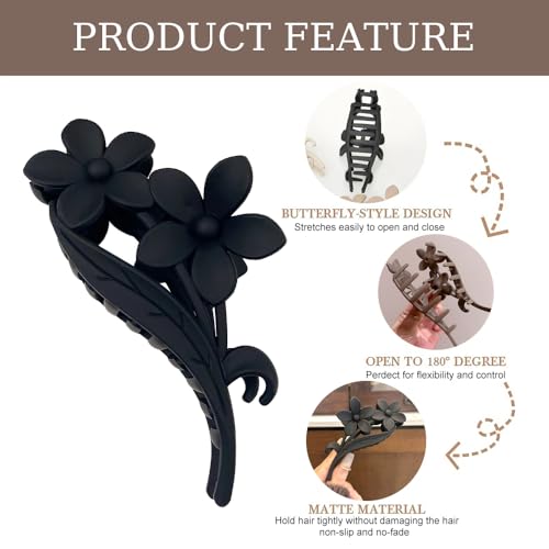 Black Flower Hair Claw Clips - 1Pcs Large Matte Twin Flower Design Hawaiian Hair Accessories Strong Hold Non Slip Shark Clamp Hairpins Barrette for Women & Girls