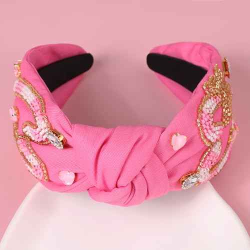 Valentine¡¯s Day Headband for Women Girls Valentines Beaded Heart Headband Glitter Red Pink Jeweled Knotted Hairband Galentines Valentines Day Gifts Heart Hair Accessories
