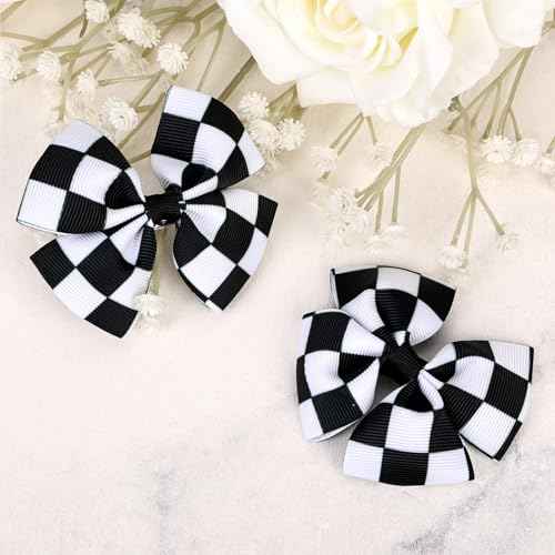 2pcs Racing Checkered Flag Bow Clips, Hair Bow Clip Black and White Racing Fan Pigtail Hair Clips Hair Accessories Racing Checkered Styling for Kids Women Girls Thick Thin Hair