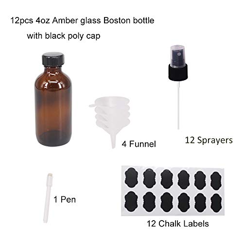 12 Pack 4 oz Amber Glass Spray Bottles 4oz Fine Mist Spray Bottle For Essential Oils, Perfumes, Alcohol, Watering Flowers, Cosmetic Spray Bottle, Refillable Liquid Containers