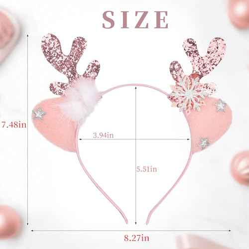 DIUEWOW Reindeer Antlers Headband Christmas Deer Horn Ears Head Band Glitter Pink Hair Hoop Snowflake Deer Antler Headpiece Elk Antler Cat Headdress Christmas Headband for Women Girl Hair Accessories